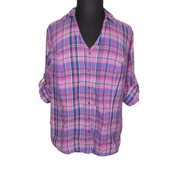 Lane Bryant Lilac Purple Multi Plaid Button Up Cotton Blouse Plus Size 18-20 - Picture 2 of 8